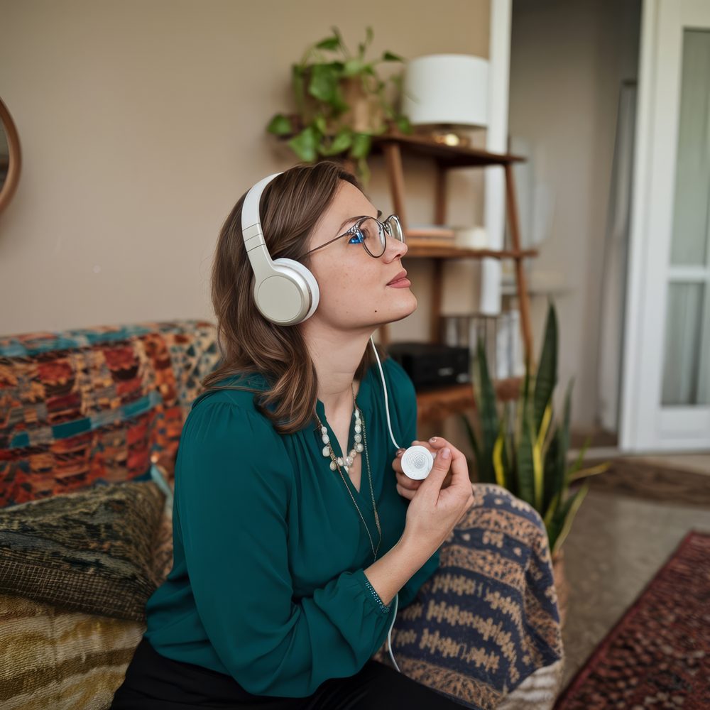 Petit espace de relaxation dans un appartement, composé d’un coussin de méditation, d’un casque audio et d’une lumière douce, sans encens.