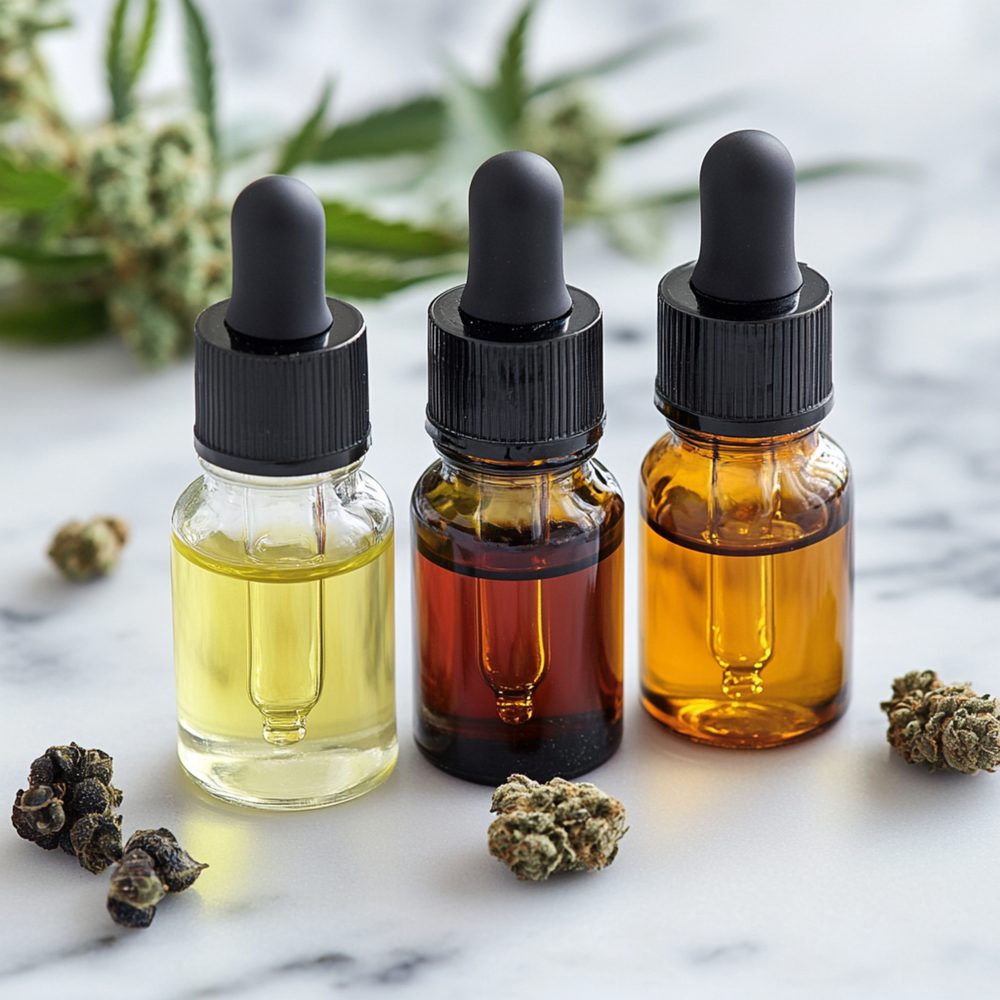 Sélection de flacons d’e-liquide CBD aux formats et arômes différents, disposés côte à côte.