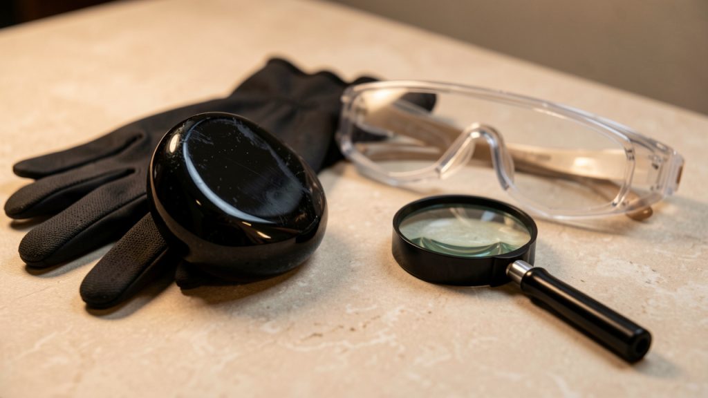 Pierre d’obsidienne noire polie accompagnée de gants de protection, de lunettes de sécurité et d’une loupe sur une table en pierre.