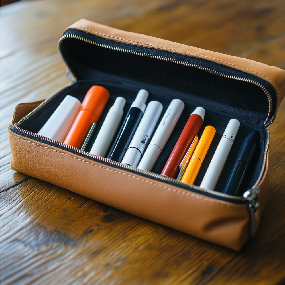 Vaporisateur placé dans un compartiment fermé d’un sac de sport, à côté d’accessoires de Pilates.