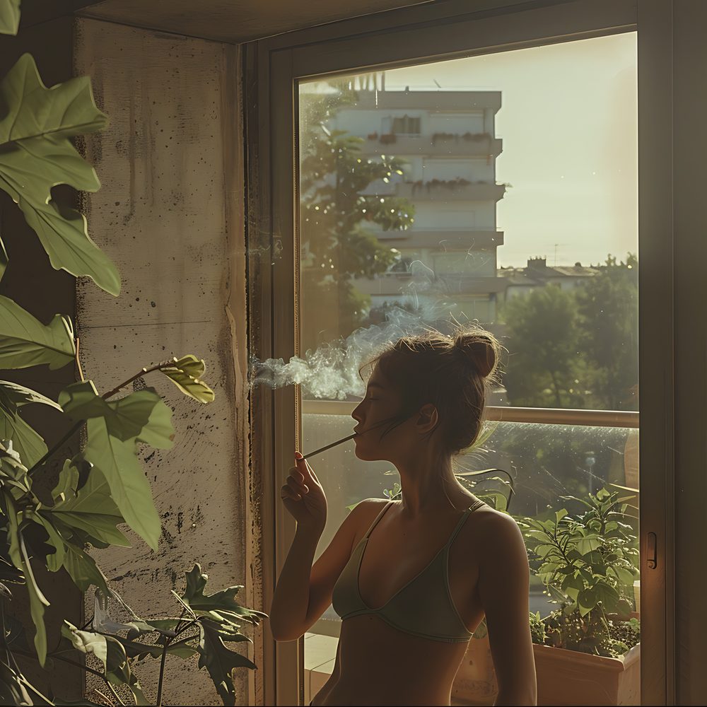 Un participant utilise une cigarette électronique dehors, devant un studio de Pilates, avant la séance.
