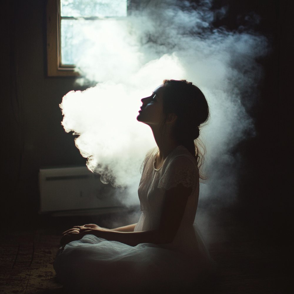 Jeune adulte vapotant juste avant une séance de méditation à domicile, près d’une lumière douce.