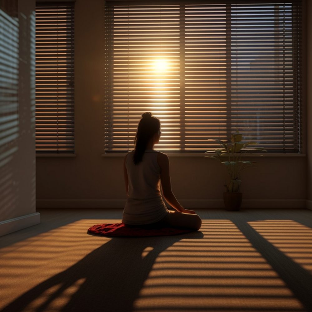 Séance de yoga de 15 minutes sur un tapis, dans un intérieur calme en fin de journée.