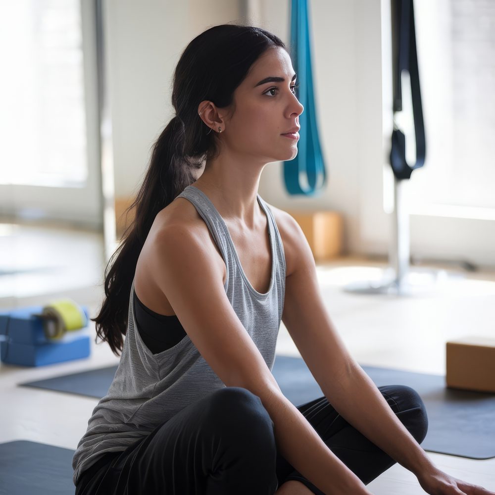 Personne concentrée sur sa respiration pendant une séance de Pilates, dans une démarche de réduction de sa consommation de nicotine.