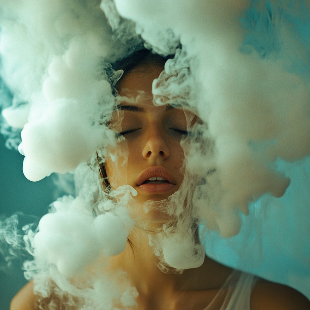 Flacon d’e-liquide mentholé à côté d’une personne pratiquant la méditation, dans une ambiance calme.