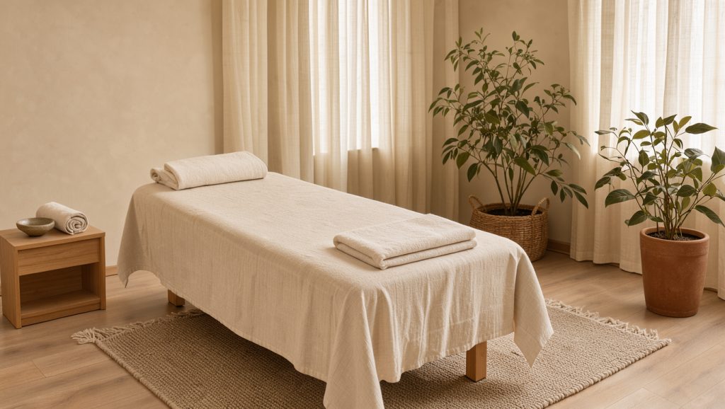 Institut de beauté holistique lumineux et apaisant avec table de massage, plantes vertes, serviettes naturelles et lumière douce.