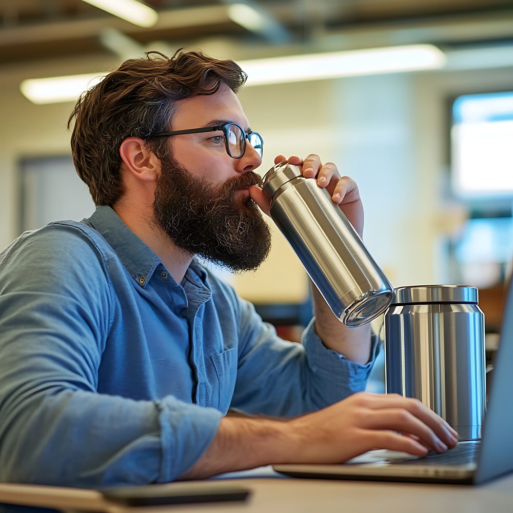 Au bureau, une vapoteuse pose sa cigarette électronique près d’un verre d’eau.